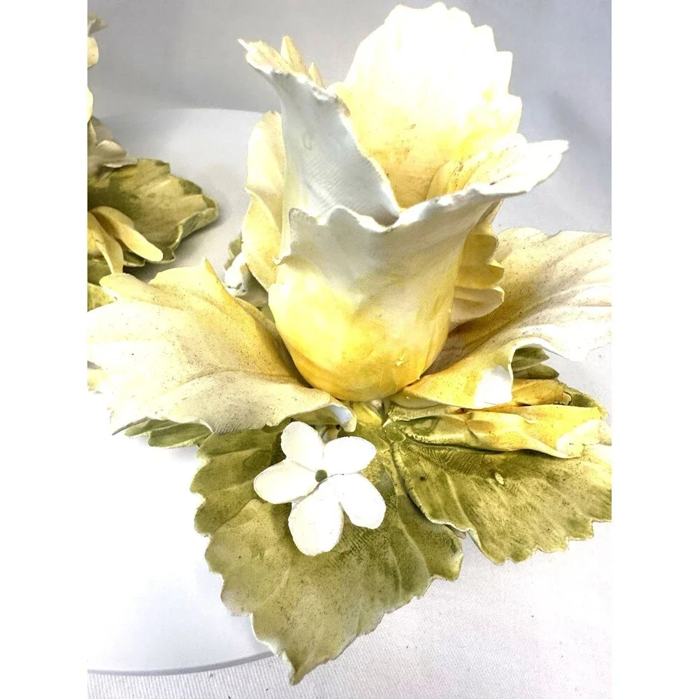Vintage Set of 2 Mira Capodimonte Rose Single Candle Holders Yellow &White Italy